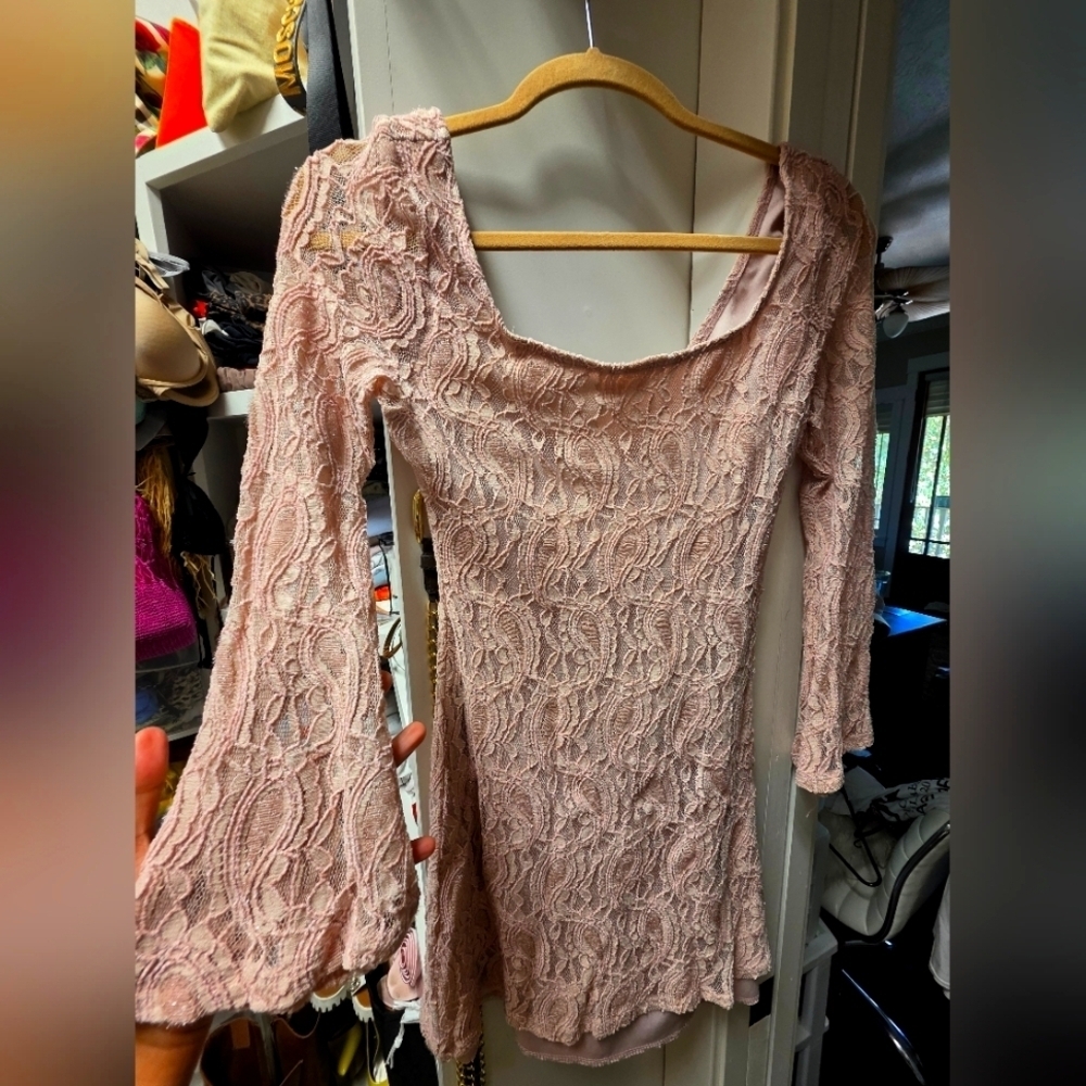 Pink Lace Bell Sleeve Dress